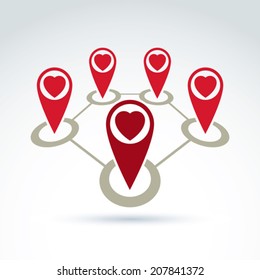 Vector connected map pointers with a loving heart icon. Place location symbols, red Valentine heart signs. 