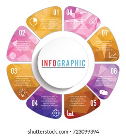 Vector connected polygon infographic diagram. Circular chart with 8 options. Paper progress steps for tutorial. Business concept sequence banner. EPS10 eight parts puzzle workflow layout.
