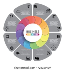 Vector connected polygon infographic diagram. Circular chart with 8 options. Paper progress steps for tutorial. Business concept sequence banner. EPS10 eight parts puzzle workflow layout.