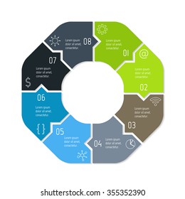Vector connected polygonal infographic diagram. Circular chart with 8 options. Paper progress steps for tutorial. Business concept sequence banner. EPS10 eight parts puzzle workflow layout.