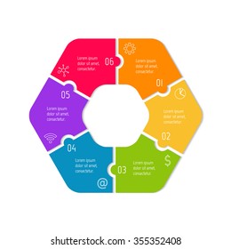 Vector connected polygonal infographic diagram. Circular chart with 6 options. Paper progress steps for tutorial. Hexagonal business concept sequence banner. EPS10 six parts puzzle workflow layout.
