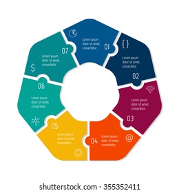 Vector connected polygonal infographic diagram. Circular chart with 7 options. Paper progress steps for tutorial. Business concept sequence banner. EPS10 seven parts puzzle workflow layout.