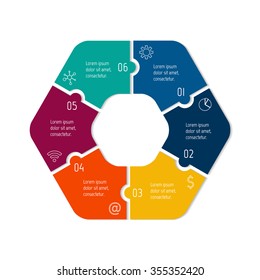 Vector connected polygonal infographic diagram. Circular chart with 6 options. Paper progress steps for tutorial. Hexagonal business concept sequence banner. EPS10 six parts puzzle workflow layout.