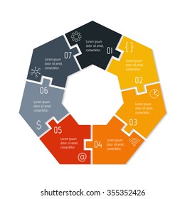 Vector connected polygonal infographic diagram. Circular chart with 7 options. Paper progress steps for tutorial. Business concept sequence banner. EPS10 seven parts puzzle workflow layout.
