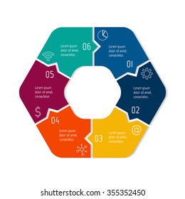 Vector connected polygonal infographic diagram. Circular chart with 6 options. Paper progress steps for tutorial. Hexagonal business concept sequence banner. EPS10 six parts puzzle workflow layout.