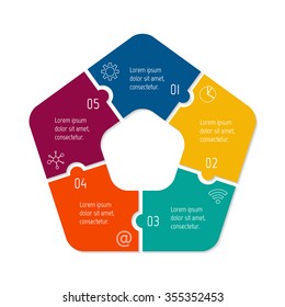 Vector connected polygonal infographic diagram. Circular chart with 5 options. Paper progress steps for tutorial. Pentagonal business concept sequence banner. EPS10 five parts puzzle workflow layout.
