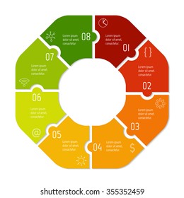 Vector connected polygonal infographic diagram. Circular chart with 8 options. Paper progress steps for tutorial. Business concept sequence banner. EPS10 eight parts puzzle workflow layout.