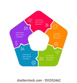 Vector connected polygonal infographic diagram. Circular chart with 5 options. Paper progress steps for tutorial. Pentagonal business concept sequence banner. EPS10 five parts puzzle workflow layout.