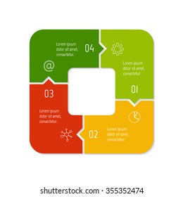 Vector connected polygonal infographic diagram. Circular chart with 4 options. Paper progress steps for tutorial. Square business concept sequence banner. EPS10 four parts puzzle workflow layout.