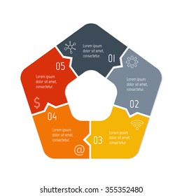 Vector connected polygonal infographic diagram. Circular chart with 5 options. Paper progress steps for tutorial. Pentagonal business concept sequence banner. EPS10 five parts puzzle workflow layout.