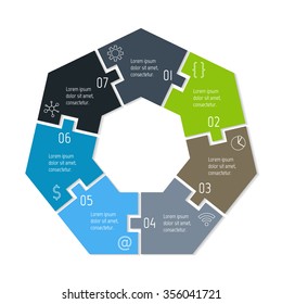 Vector connected polygonal infographic diagram. Circular chart with 7 options. Paper progress steps for tutorial. Business concept sequence banner. EPS10 seven parts puzzle workflow layout.
