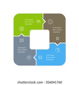 Vector connected polygonal infographic diagram. Circular chart with 4 options. Paper progress steps for tutorial. Square business concept sequence banner. EPS10 four parts puzzle workflow layout.