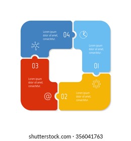 Vector connected polygonal infographic diagram. Circular chart with 4 options. Paper progress steps for tutorial. Square business concept sequence banner. EPS10 four parts puzzle workflow layout.