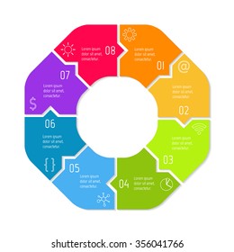 Vector connected polygonal infographic diagram. Circular chart with 8 options. Paper progress steps for tutorial. Business concept sequence banner. EPS10 eight parts puzzle workflow layout.