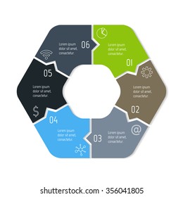 Vector connected polygonal infographic diagram. Circular chart with 6 options. Paper progress steps for tutorial. Hexagonal business concept sequence banner. EPS10 six parts puzzle workflow layout.
