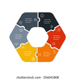 Vector connected polygonal infographic diagram. Circular chart with 6 options. Paper progress steps for tutorial. Hexagonal business concept sequence banner. EPS10 six parts puzzle workflow layout.
