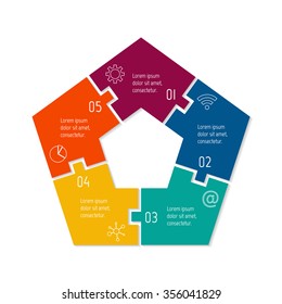 Vector connected polygonal infographic diagram. Circular chart with 5 options. Paper progress steps for tutorial. Pentagonal business concept sequence banner. EPS10 five parts puzzle workflow layout.