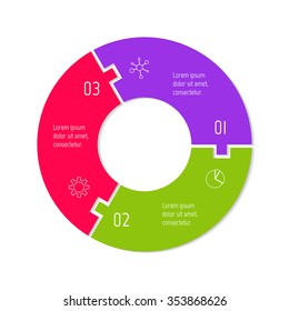 Vector connected puzzle infographic diagram. Circular chart with 3 options. Paper progress steps for tutorial. Business concept sequence banner. EPS10 workflow layout with three parts.