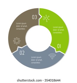 Vector connected puzzle infographic diagram. Circular chart with 3 options. Paper progress steps for tutorial. Business concept sequence banner. EPS10 workflow layout with three parts.