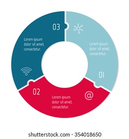 Vector connected puzzle infographic diagram. Circular chart with 3 options. Paper progress steps for tutorial. Business concept sequence banner. EPS10 workflow layout with three parts.