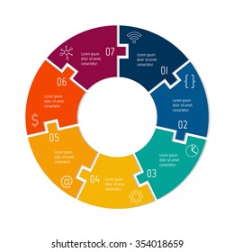 Vector connected puzzle infographic diagram. Circular chart with 7 options. Paper progress steps for tutorial. Business concept sequence banner. EPS10 workflow layout with seven parts.
