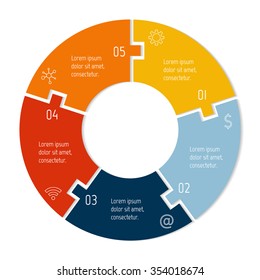 Vector connected puzzle infographic diagram. Circular chart with 5 options. Paper progress steps for tutorial. Business concept sequence banner. EPS10 workflow layout with five parts.