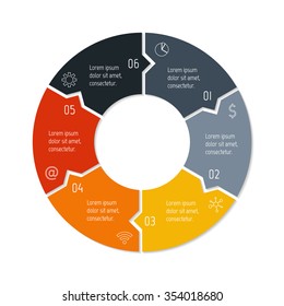 Vector connected puzzle infographic diagram. Circular chart with 6 options. Paper progress steps for tutorial. Business concept sequence banner. EPS10 workflow layout with six parts.