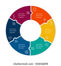 Vector connected puzzle infographic diagram. Circular chart with 6 options. Paper progress steps for tutorial. Business concept sequence banner. EPS10 workflow layout with six parts.