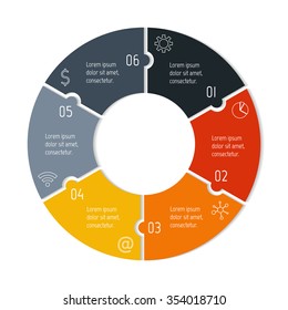 Vector connected puzzle infographic diagram. Circular chart with 6 options. Paper progress steps for tutorial. Business concept sequence banner. EPS10 workflow layout with six parts.