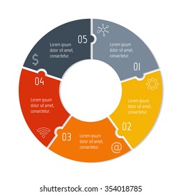 Vector connected puzzle infographic diagram. Circular chart with 5 options. Paper progress steps for tutorial. Business concept sequence banner. EPS10 workflow layout with five parts.