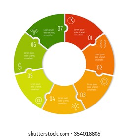 Vector connected puzzle infographic diagram. Circular chart with 7 options. Paper progress steps for tutorial. Business concept sequence banner. EPS10 workflow layout with seven parts.