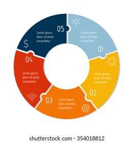 Vector connected puzzle infographic diagram. Circular chart with 5 options. Paper progress steps for tutorial. Business concept sequence banner. EPS10 workflow layout with five parts.