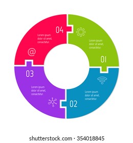 Vector connected puzzle infographic diagram. Circular chart with 4 options. Paper progress steps for tutorial. Business concept sequence banner. EPS10 workflow layout with four parts.