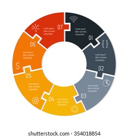 Vector connected puzzle infographic diagram. Circular chart with 7 options. Paper progress steps for tutorial. Business concept sequence banner. EPS10 workflow layout with seven parts.