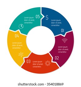 Vector connected puzzle infographic diagram. Circular chart with 5 options. Paper progress steps for tutorial. Business concept sequence banner. EPS10 workflow layout with five parts.