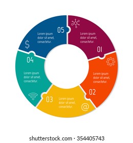 Vector connected puzzle infographic diagram. Circular chart with 5 options. Paper progress steps for tutorial. Business concept sequence banner. EPS10 workflow layout with five parts.