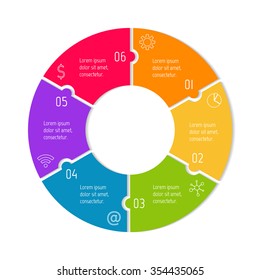 Vector connected puzzle infographic diagram. Circular chart with 6 options. Paper progress steps for tutorial. Business concept sequence banner. EPS10 workflow layout with six parts.