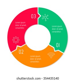 Vector connected puzzle infographic diagram. Circular chart with 3 options. Paper progress steps for tutorial. Business concept sequence banner. EPS10 workflow layout with three parts.
