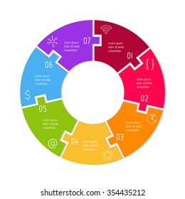 Vector connected puzzle infographic diagram. Circular chart with 7 options. Paper progress steps for tutorial. Business concept sequence banner. EPS10 workflow layout with seven parts.