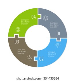 Vector connected puzzle infographic diagram. Circular chart with 4 options. Paper progress steps for tutorial. Business concept sequence banner. EPS10 workflow layout with four parts.