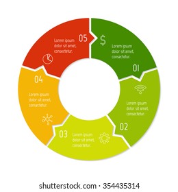 Vector connected puzzle infographic diagram. Circular chart with 5 options. Paper progress steps for tutorial. Business concept sequence banner. EPS10 workflow layout with five parts.