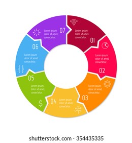 Vector connected puzzle infographic diagram. Circular chart with 7 options. Paper progress steps for tutorial. Business concept sequence banner. EPS10 workflow layout with seven parts.