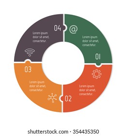Vector connected puzzle infographic diagram. Circular chart with 4 options. Paper progress steps for tutorial. Business concept sequence banner. EPS10 workflow layout with four parts.