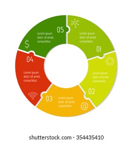 Vector connected puzzle infographic diagram. Circular chart with 5 options. Paper progress steps for tutorial. Business concept sequence banner. EPS10 workflow layout with five parts.