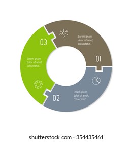 Vector connected puzzle infographic diagram. Circular chart with 3 options. Paper progress steps for tutorial. Business concept sequence banner. EPS10 workflow layout with three parts.