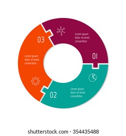 Vector connected puzzle infographic diagram. Circular chart with 3 options. Paper progress steps for tutorial. Business concept sequence banner. EPS10 workflow layout with three parts.