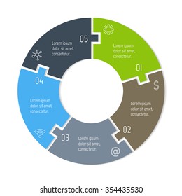 Vector connected puzzle infographic diagram. Circular chart with 5 options. Paper progress steps for tutorial. Business concept sequence banner. EPS10 workflow layout with five parts.