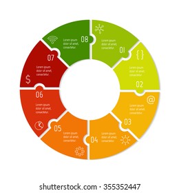 Vector connected puzzle infographic diagram. Circular chart with 8 options. Paper progress steps for tutorial. Business concept sequence banner. EPS10 workflow layout with eight parts.