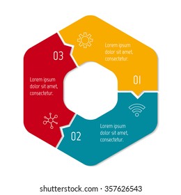 Vector connected puzzle infographic diagram. Circular chart with 3 options. Paper progress steps for tutorial. Business concept sequence banner. EPS10 workflow layout with three parts.