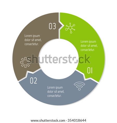Vector connected puzzle infographic diagram. Circular chart with 3 options. Paper progress steps for tutorial. Business concept sequence banner. EPS10 workflow layout with three parts.